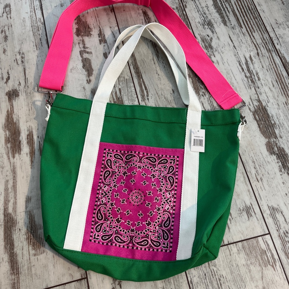 Green Canvas Tote Bag Pink Bandana Pocket Crossbody Strap White Handles NWT